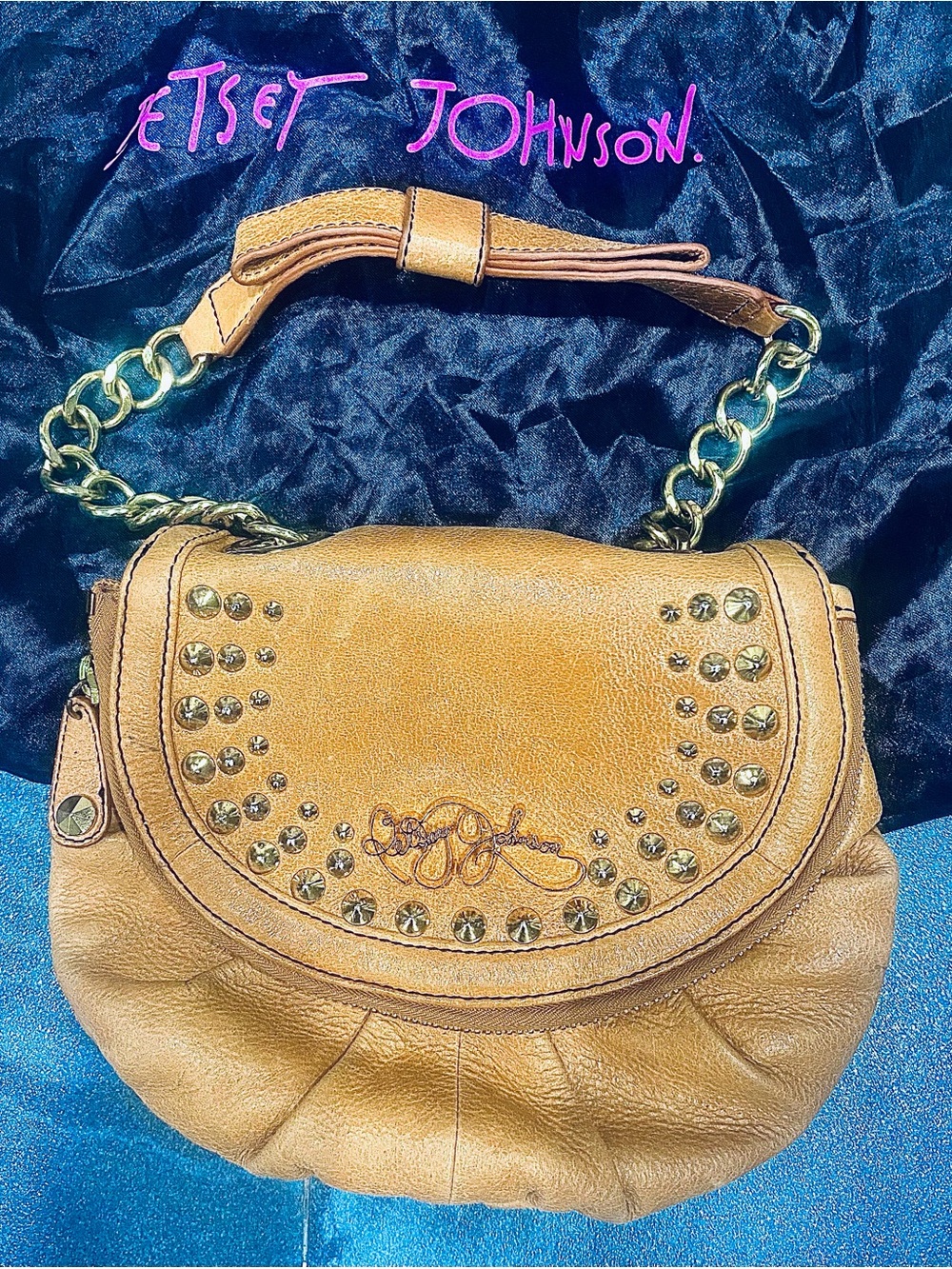 Vintage Betsey Johnson Studded Camel Leather Shoulder Bag Y2K Studded